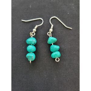 Natural Turquoise 3 Stone Dangle Earrings Blue Gemstone Hook Earrings